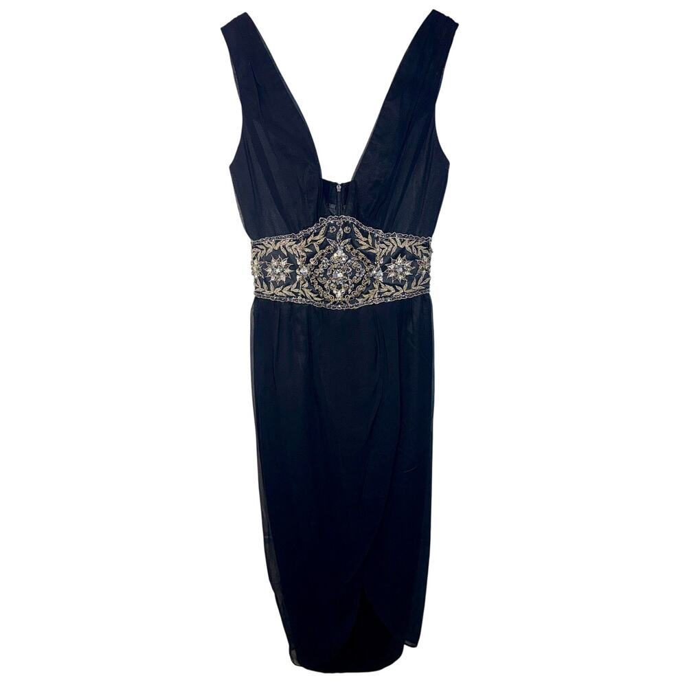 NWT Mandalay Black Silk Beaded Embellished Midi Short Evening Dress Women Size 2